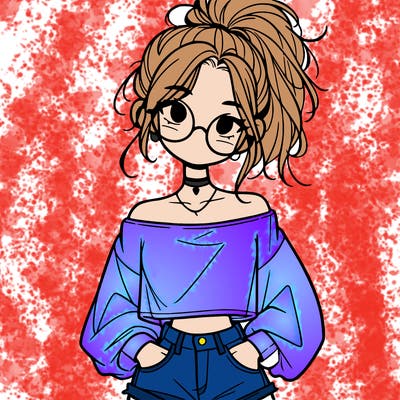 girl with a messy ponytail glasses a baggy crop top and jean shorts