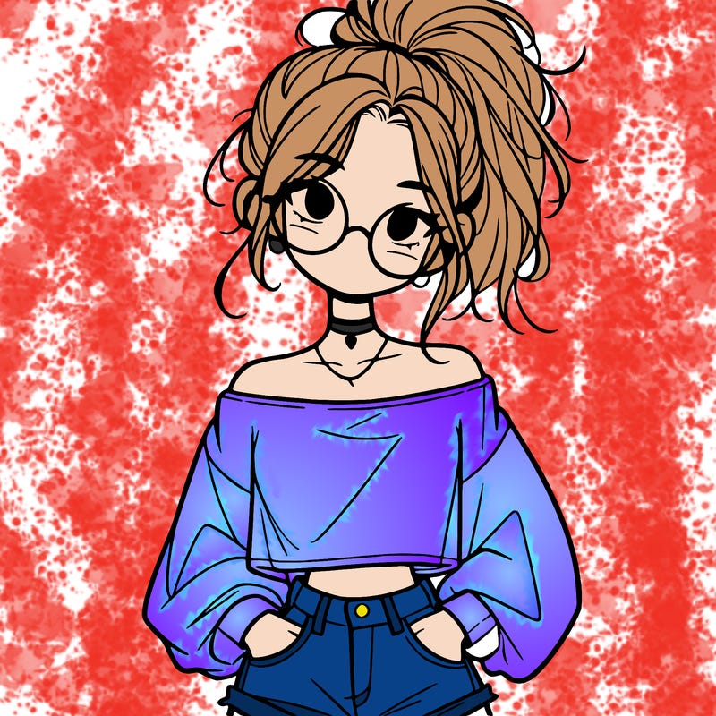 girl with a messy ponytail glasses a baggy crop top and jean shorts