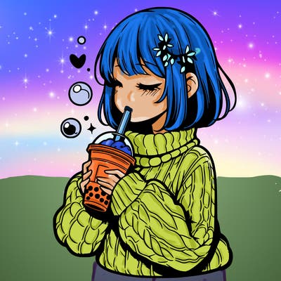 manga girl drinking boba in cozy sweater