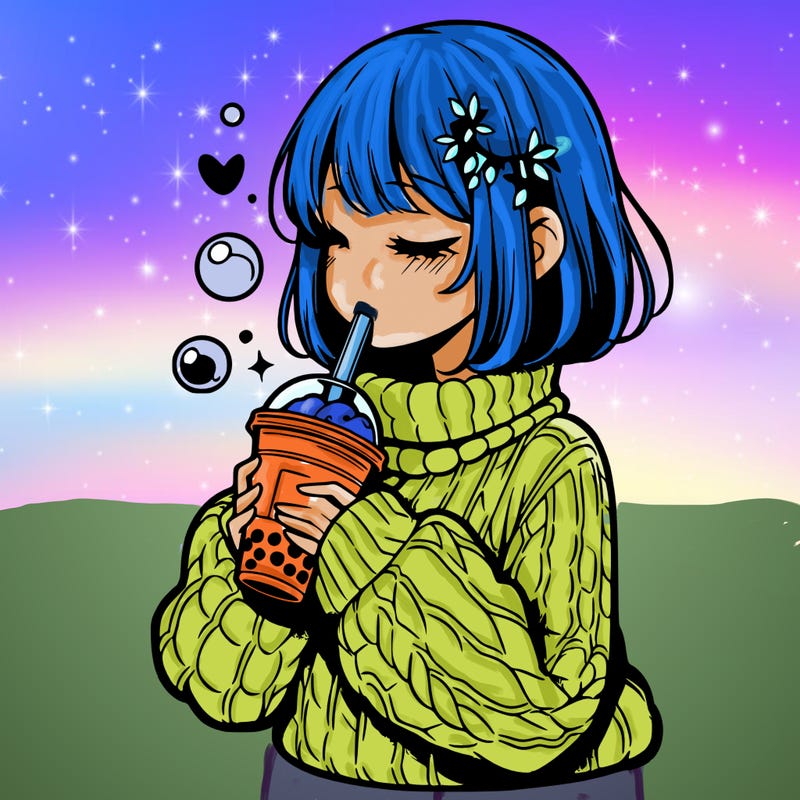 manga girl drinking boba in cozy sweater
