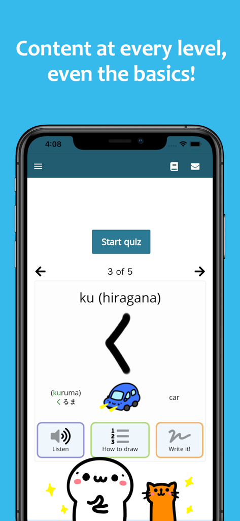 Una captura de pantalla de la aplicación renshuu que muestra una lección básica de hiragana para el carácter ku con lindas ilustraciones de mascotas.