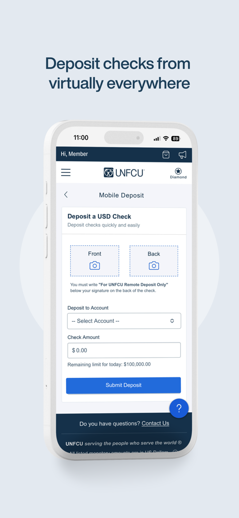 UNFCU Digital Banking app interface for remote mobile check deposits on a smartphone.