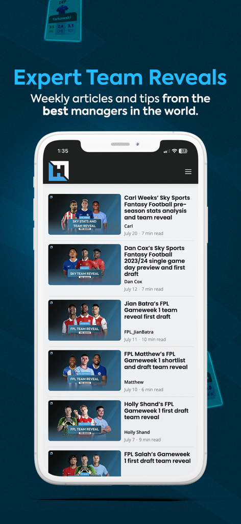 Smartphone screen displaying expert team reveals and FPL strategy articles from top fantasy football managers