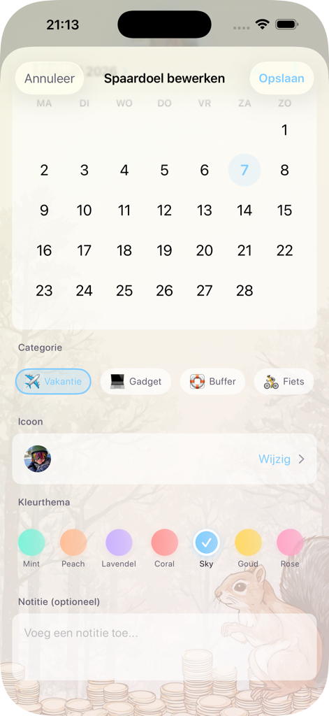 Budget Challenge App - A mobile app interface for customizing a savings goal with a calendar and color themes