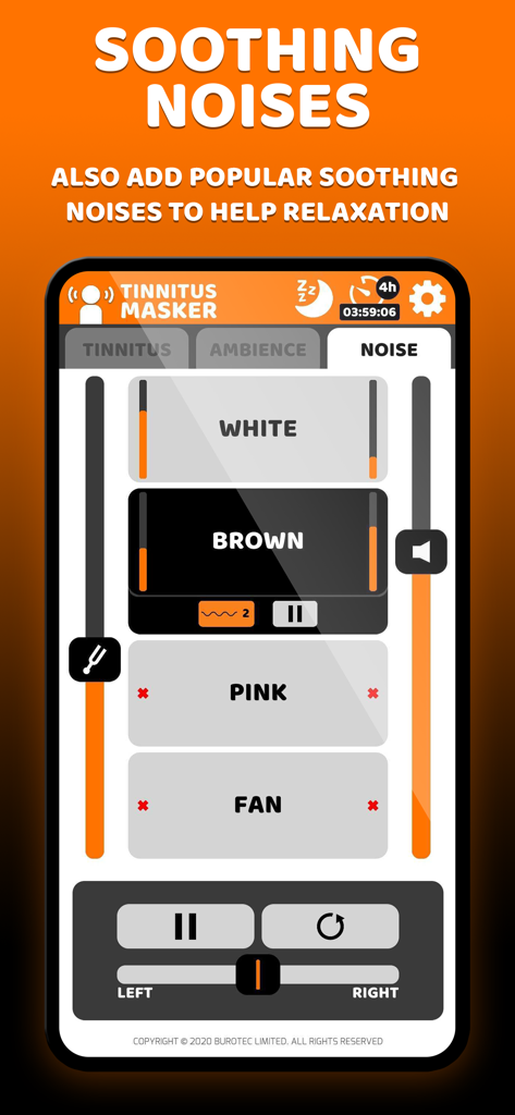 Interface of the Tinnitus Relief app showing customizable white brown and pink noise options with volume sliders