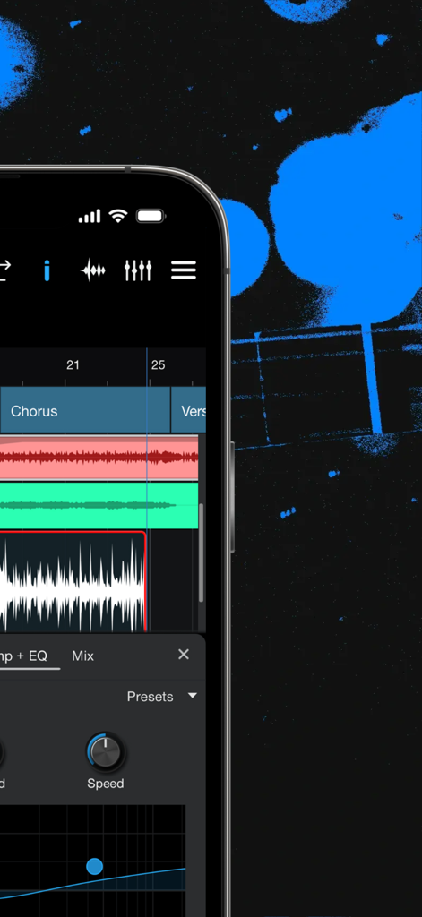 Fender Studio: Jam & Record - A smartphone displaying the multitrack recording and audio editing interface of the Fender Studio app.