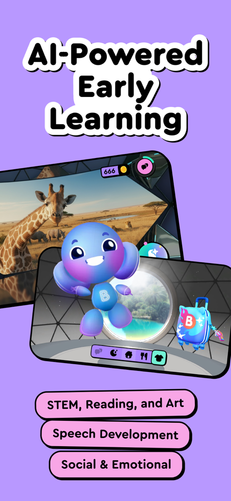 Buddy.ai: Kids Learning Games - Buddy.ai app interface showing AI character and educational topics like STEM speech development and social emotional learning