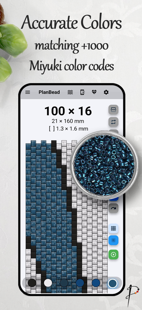 Interfaccia dell'app mobile PlanBead che mostra un design di griglia digitale di perline che corrisponde a perline Miyuki reali per una selezione accurata del colore
