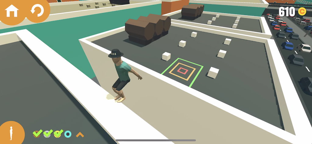 Um personagem 3D no Flip Trickster está no parapeito de um telhado a apontar para um alvo de aterragem.