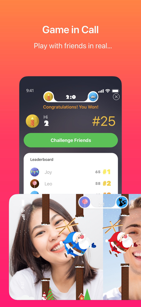JusTalk - Video Chat & Calls - Dos personas jugando un juego interactivo temático de Santa durante una videollamada de JusTalk