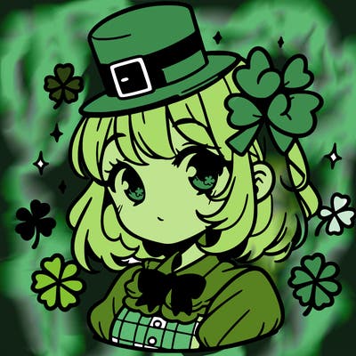 a manga-style girl with clovers around her, a little hat in her hair, like it's saint patrick's day
