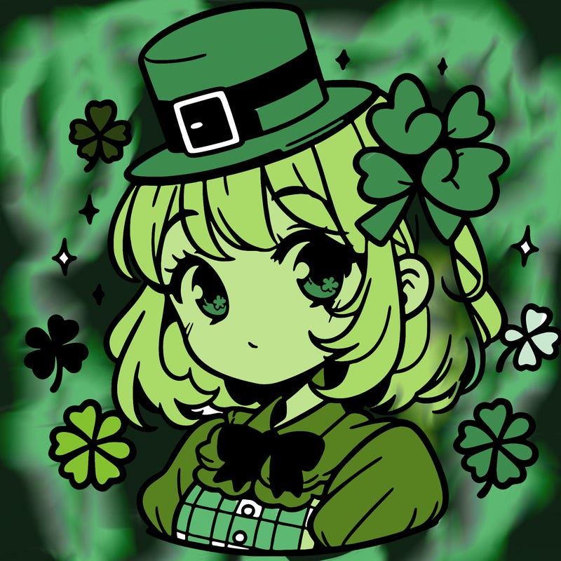 a manga-style girl with clovers around her, a little hat in her hair, like it's saint patrick's day