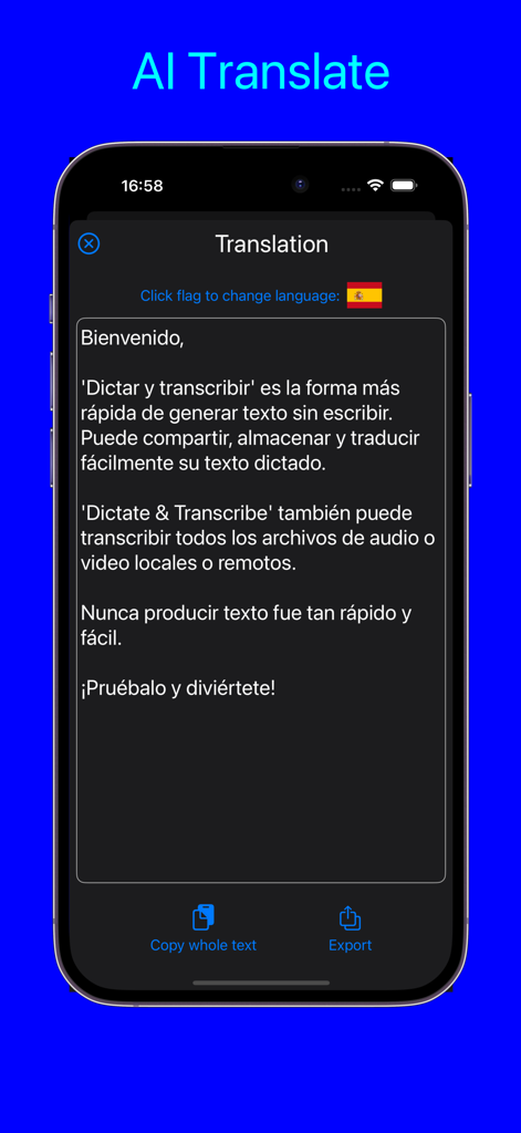 Dictation Pro - Voice to Text - Dictation Pro app interface showing AI translation of text into Spanish on an iPhone