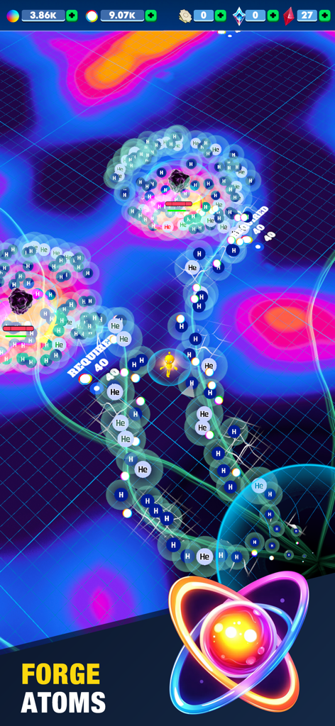 Gameplay screen of Sandbox Universe Architect showing the forging of hydrogen and helium atoms in a cosmic setting.