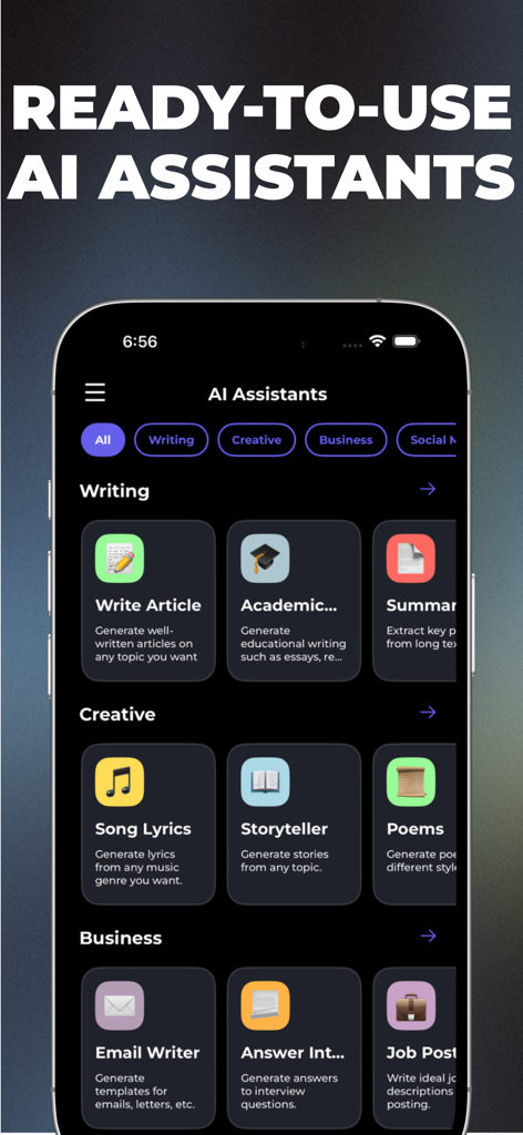 AI Video Generator Astoria - Interfaz de la aplicación Astoria AI que muestra asistentes de IA listos para usar para tareas creativas y de negocios