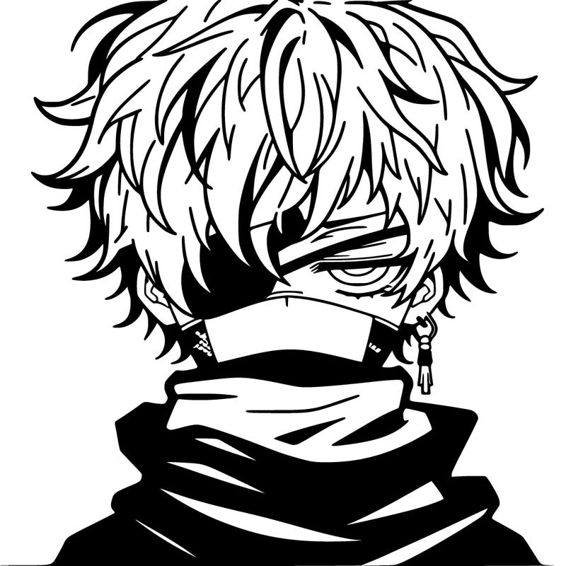 anime boy with scruffy hair a drooping earing and no mouth with an eyepatch and a neck covering shirt