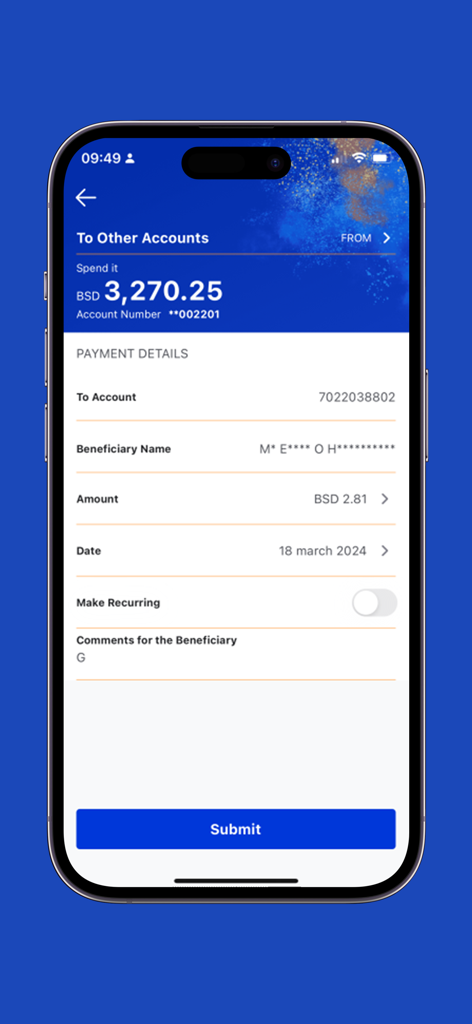 CBL Mobile Banking app interface showing payment details for a money transfer to another account