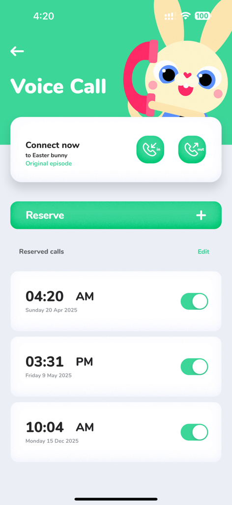 Call Easter Bunny - Interface of the Call Easter Bunny app showing options to connect now or schedule voice calls