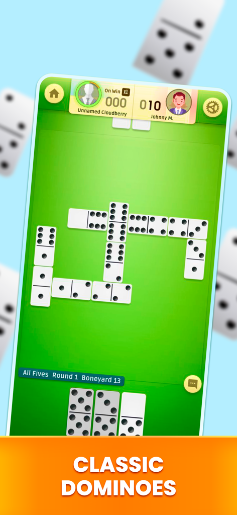 Mobile gameplay of a classic dominoes match in All Fives mode on a green board.
