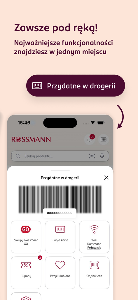 Interfaz de la app móvil Rossmann PL mostrando funciones de compra en tienda como tarjeta de fidelización, Rossmann GO, escaneo y pago, y cupones