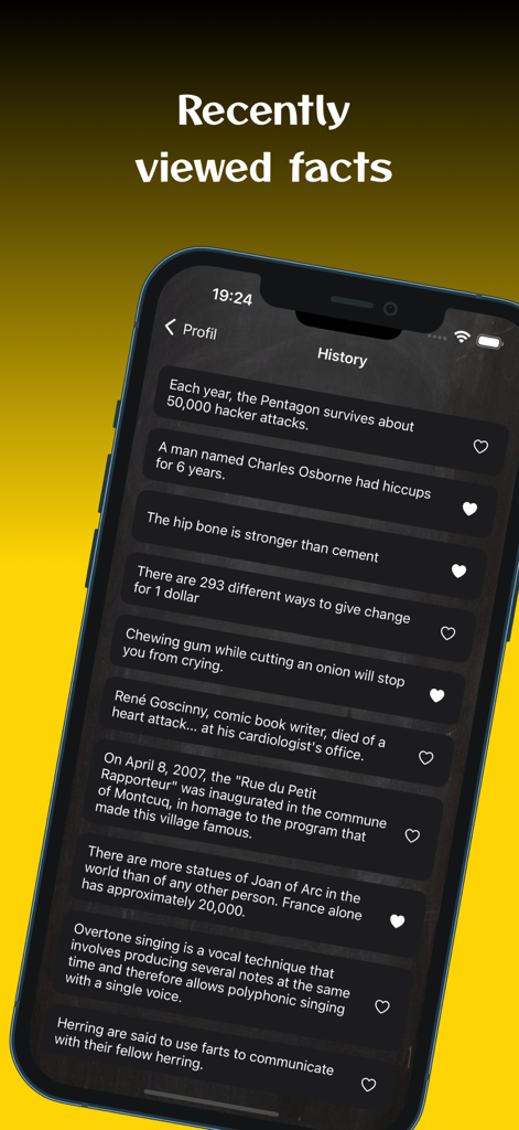 Pantalla de historial de la app ¿Lo sabías? mostrando una lista de datos y trivia vistos recientemente