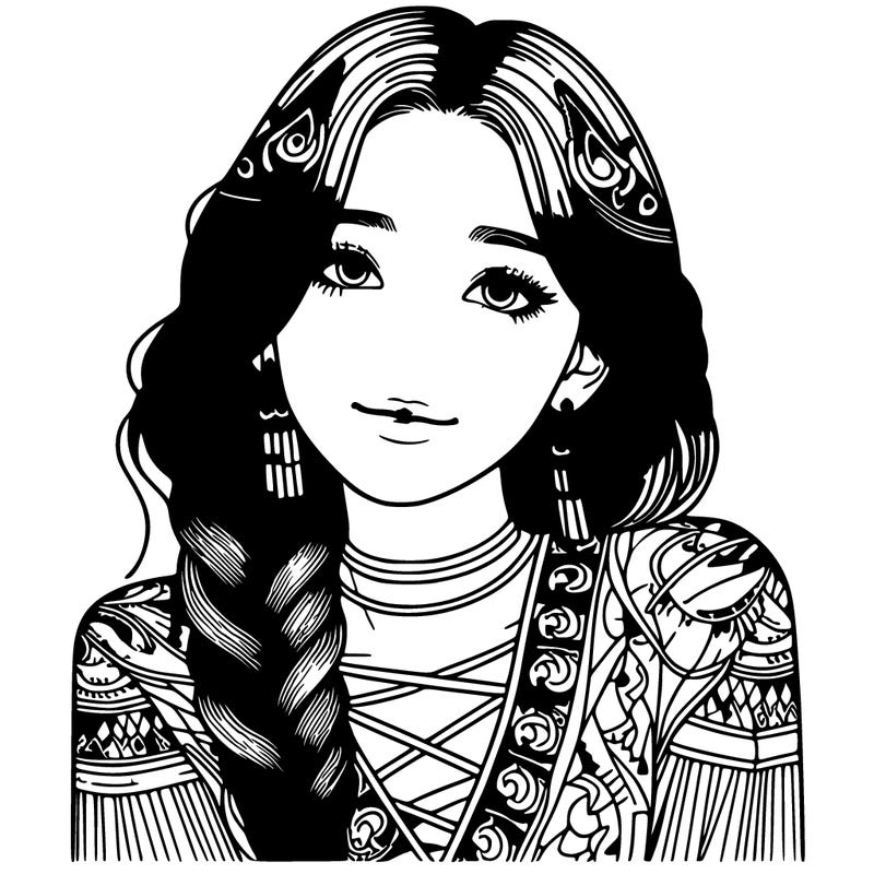 rumi is a girl with purple hair and a long braid with patterns on her skin and is korean k-pop star