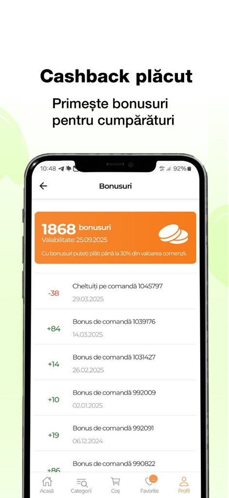 Pandashop.md - Oberfläche der Pandashop App mit angezeigten verdienten Bonuspunkten und Cashback-Verlauf.