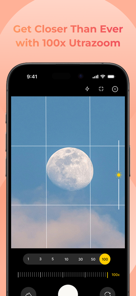 Ultra Zoom 100x Galaxy Camera - Una pantalla de iPhone que muestra la interfaz de la aplicación Ultra Zoom 100x capturando una imagen de cerca de la luna.