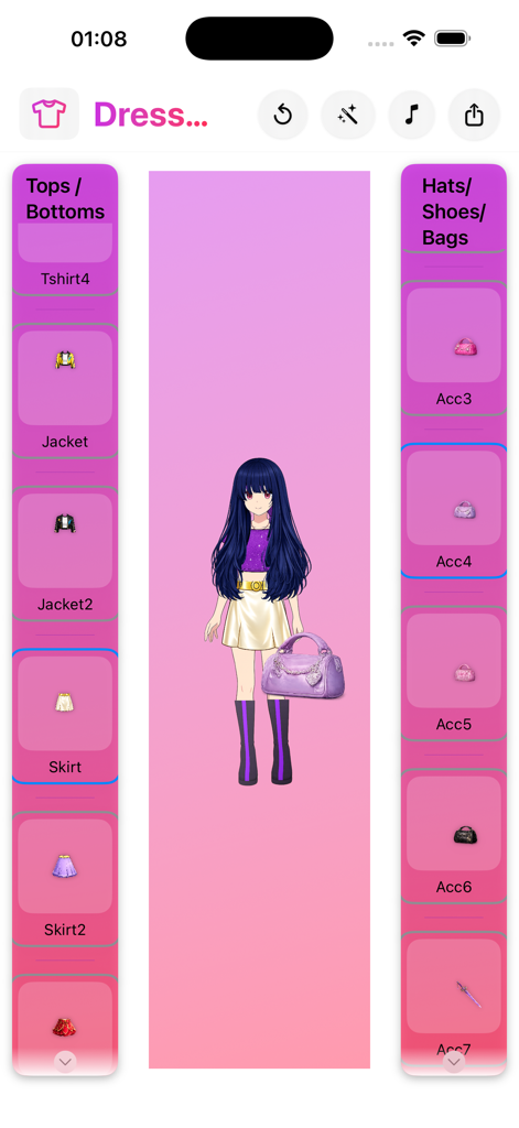 Rumi Hundrix: Dress Up Game - Anime character customization screen in Rumi Hundrix Dress Up Game featuring purple outfits and accessories