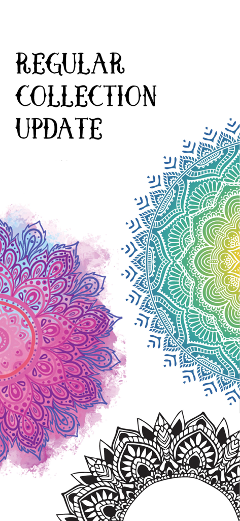 Promotion screen for regular collection updates showing colored and uncolored mandala patterns