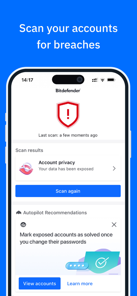 Bitdefender Mobile Security - Bitdefenderモバイルセキュリティアプリのインターフェース。流出したデータに対するアカウントプライバシーアラートが赤い警告シールドと共に表示されています。