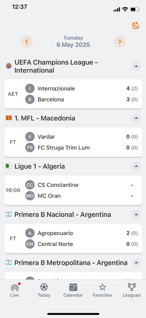 Benutzeroberfläche der Rezultati.mk-App, die Live-Fußballergebnisse für die Champions League und die mazedonische erste Liga anzeigt