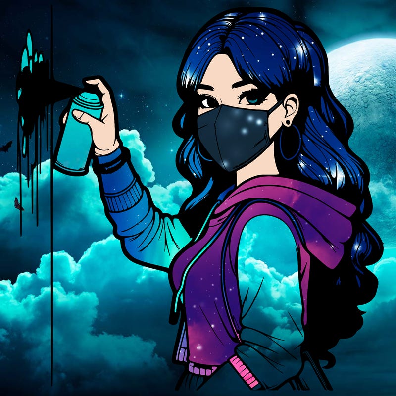 realistic girl with mask spray painting a wall