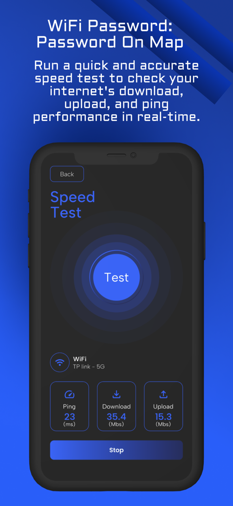 Free WiFi Password: WiFi Tool - A mobile app screen showing internet speed test results including ping download and upload speeds