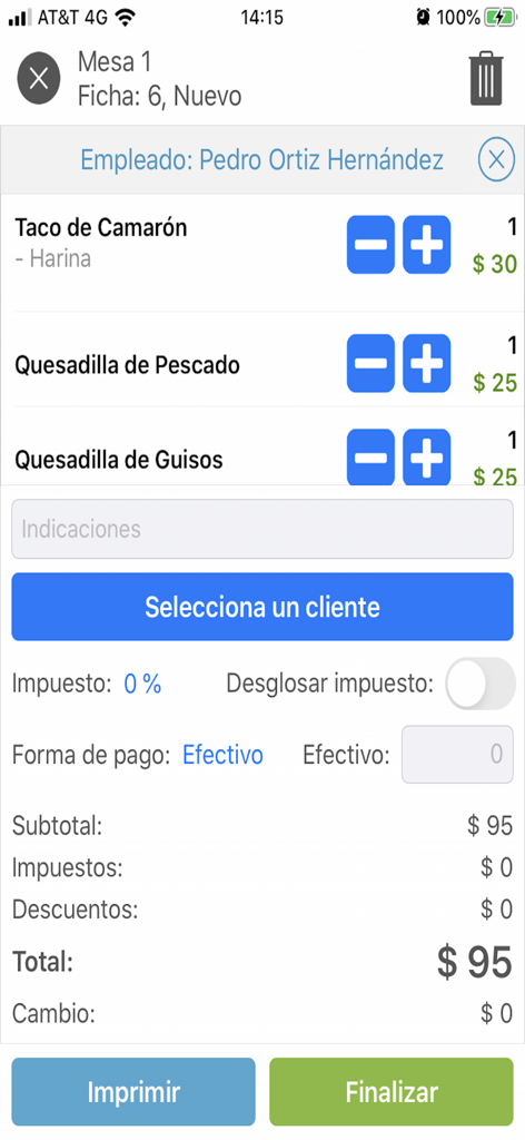 Tela do POS móvel Vende YA! mostrando um pedido de restaurante para tacos e quesadillas com um total de 95 dólares.