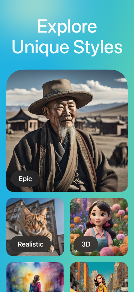 Magic AI Video & Art Generator - Magic AI app interface showcasing unique art styles including Epic Realistic and 3D