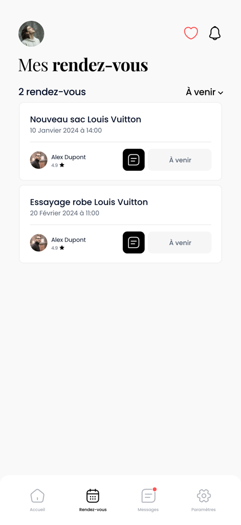 Upcoming personal shopper appointments for luxury brands in the Rendez-vous mobile app