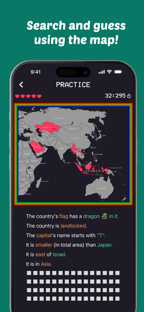 MapGame! - MapGame app screen showing practice mode with a map and geography hints for a country search.
