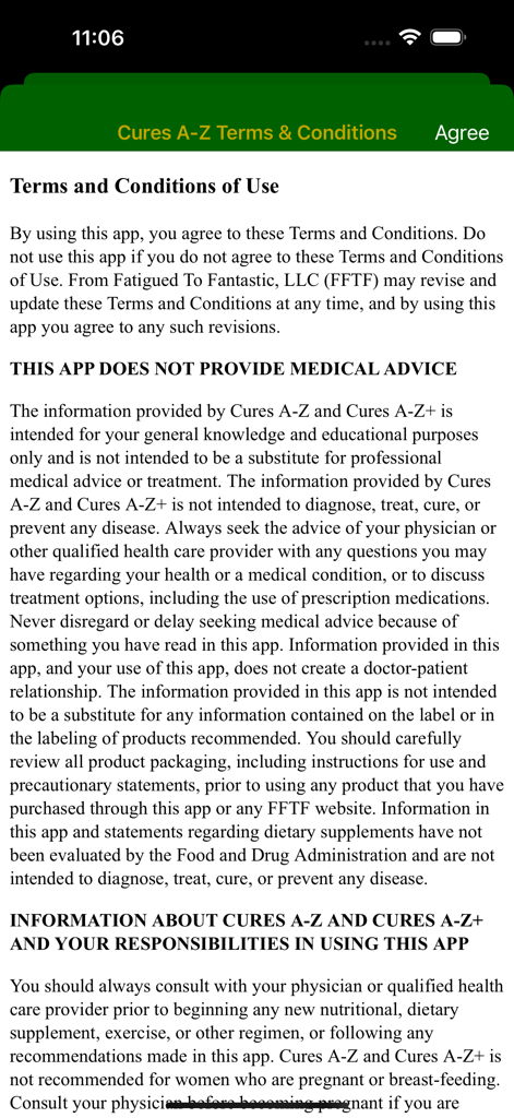 Cures A-Z - Cures AZ app Terms and Conditions of Use screen with a medical disclaimer
