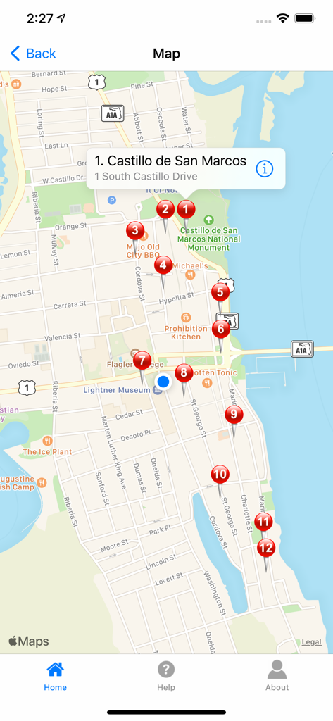 Interactive map of St. Augustine featuring twelve numbered ghost tour locations