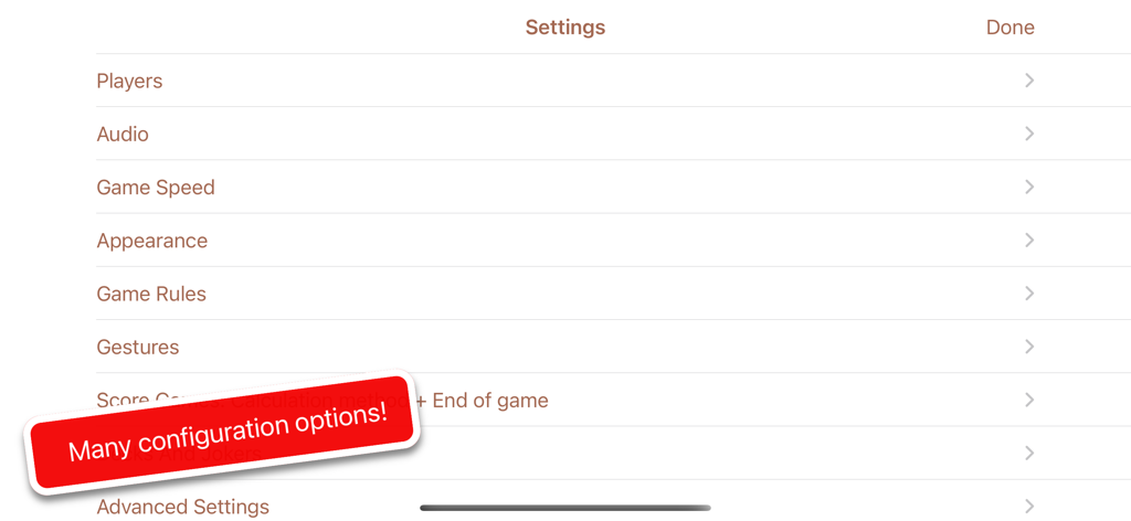 Kalooki Kaluki Kalookie - Settings screen of the Kalooki app showing various game configuration options