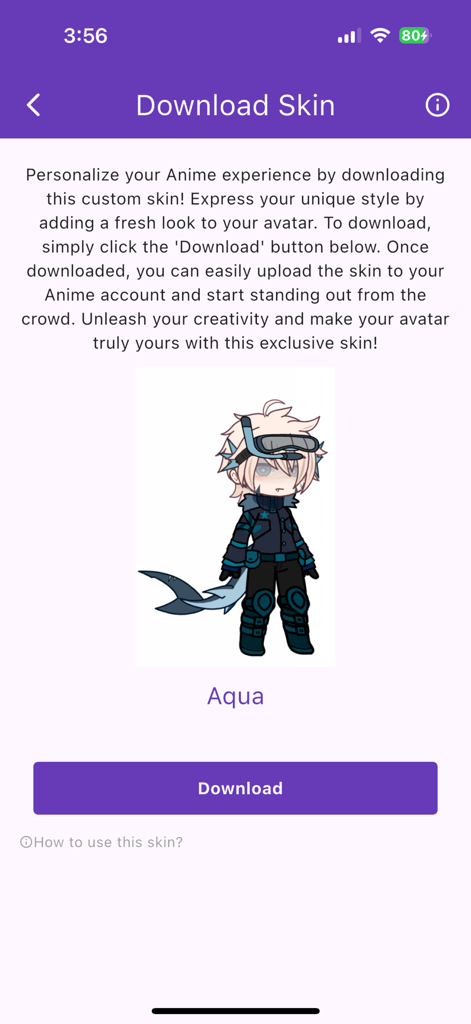 Outfits for Gacha OCs - Preview of the Aqua character skin with a download button in the Outfits for Gacha OCs app