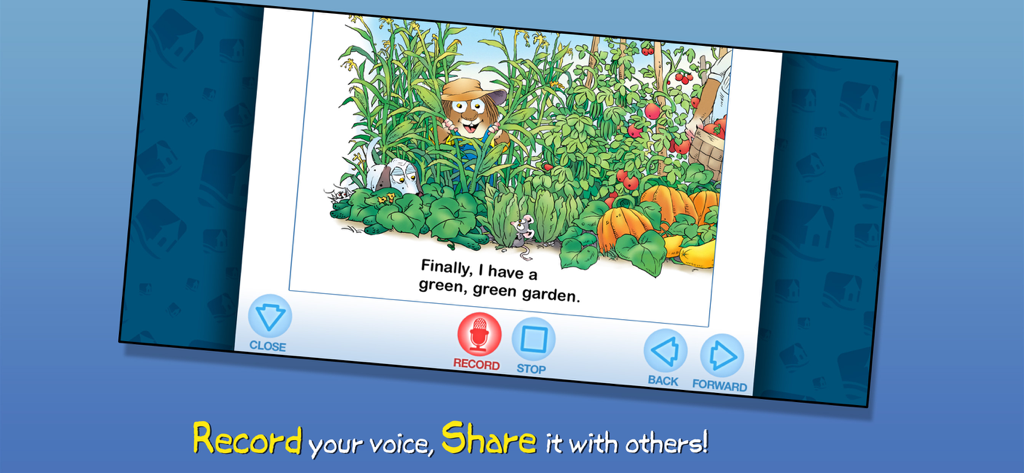 A Green, Green Garden - LC - A screenshot of Little Critter in a lush garden with a prominent red record button for personal narration.