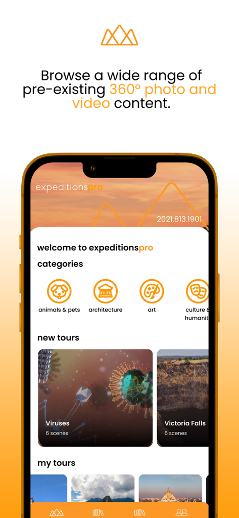Expeditions Pro - Expeditions Pro mobile app home screen showing 360 degree educational tour categories and new virtual reality content