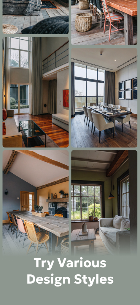 AI Home Design | Rooms Planner - A collection of various interior design styles including modern dining rooms and rustic living areas