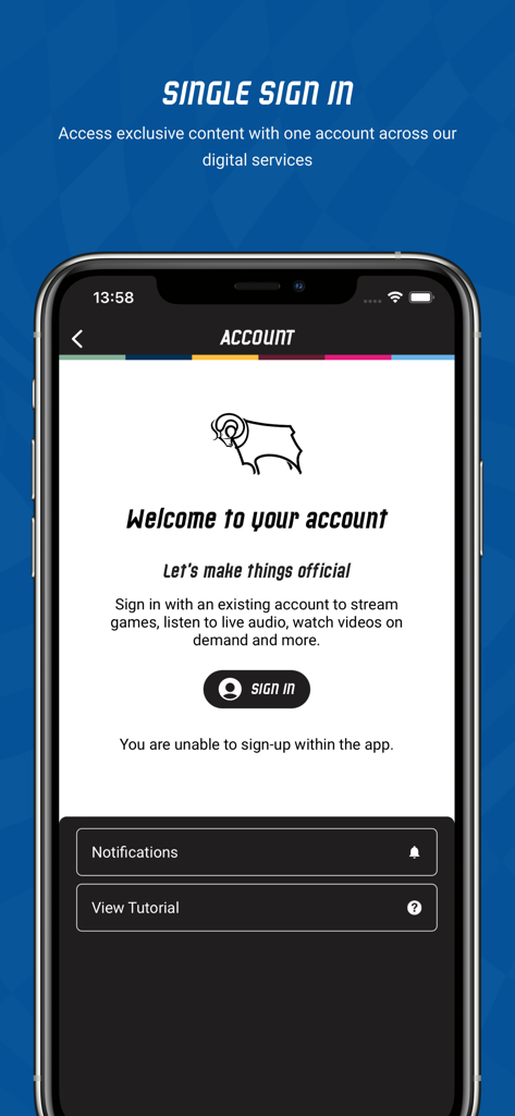 Derby County FC - Pantalla de inicio de sesión de cuenta de la app móvil del Derby County FC para contenido exclusivo del club