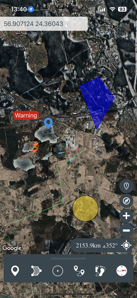 Satellite map interface in the Mgrs and Utm Map app showing coordinates and navigation markers.