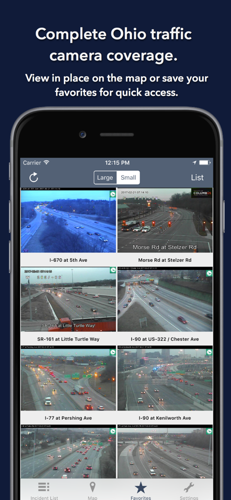 Grid view of live Ohio traffic camera feeds in the Ohio State Roads app