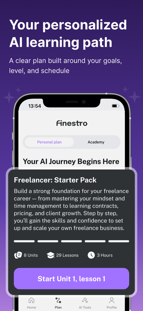 Finestro: AI Tools Mastery - Finestro mobile app displaying a personalized AI learning plan and freelancer starter pack.
