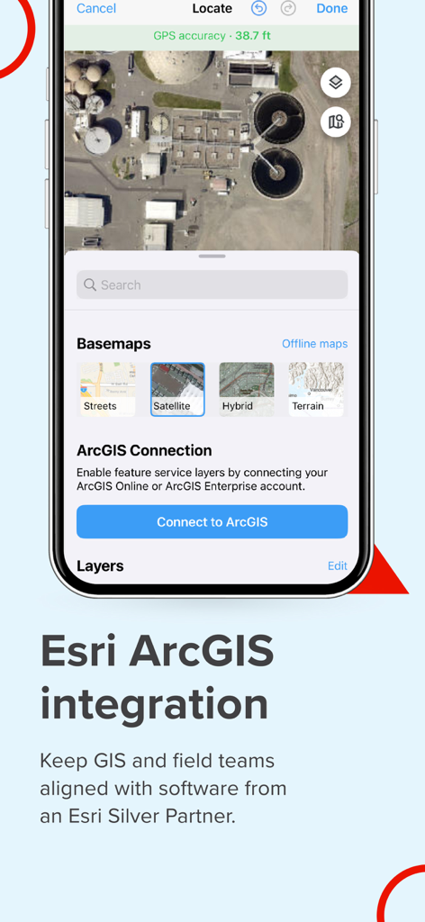 Fulcrum GIS field data capture - Aplicación móvil Fulcrum que muestra la integración con Esri ArcGIS y opciones de mapeo satelital para profesionales de campo.